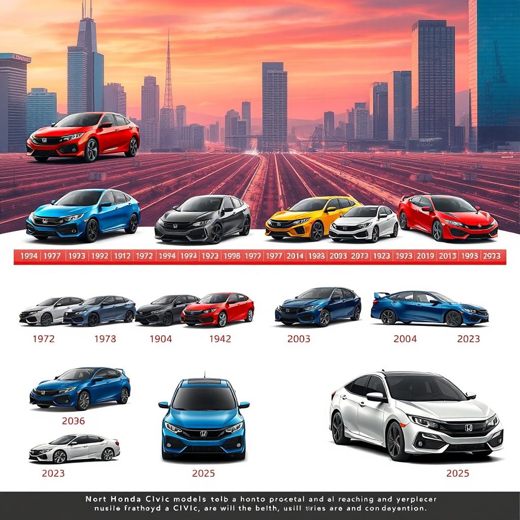 A comprehensive visual representation of all Honda Civic models from the first introduction in 1972 to the latest version in 2023