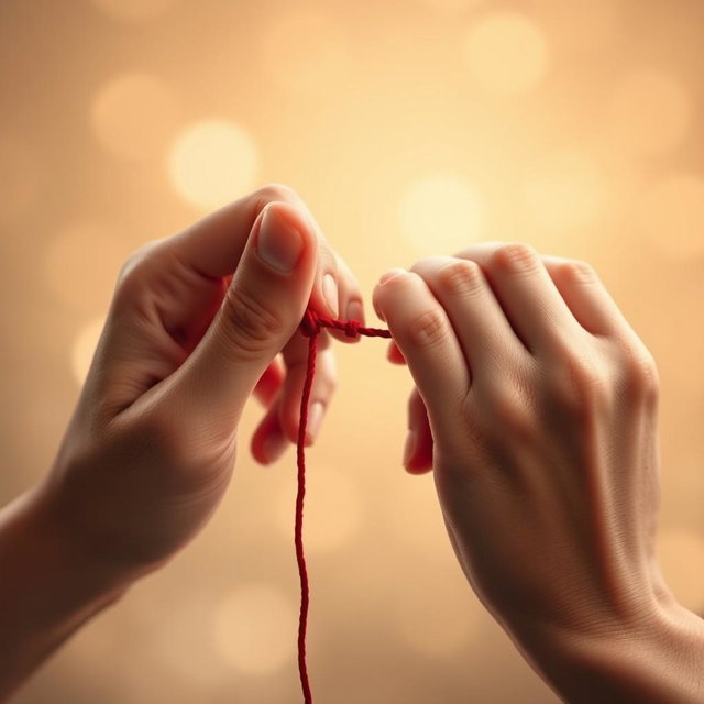 Two hands intertwined with a red string around their pinky fingers, symbolizing connection and unity