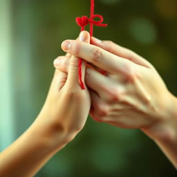 Two hands intertwined with a red string around their pinky fingers, symbolizing connection and unity