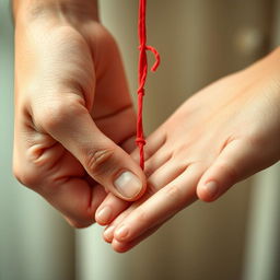 Two hands intertwined with a red string around their pinky fingers, symbolizing connection and unity