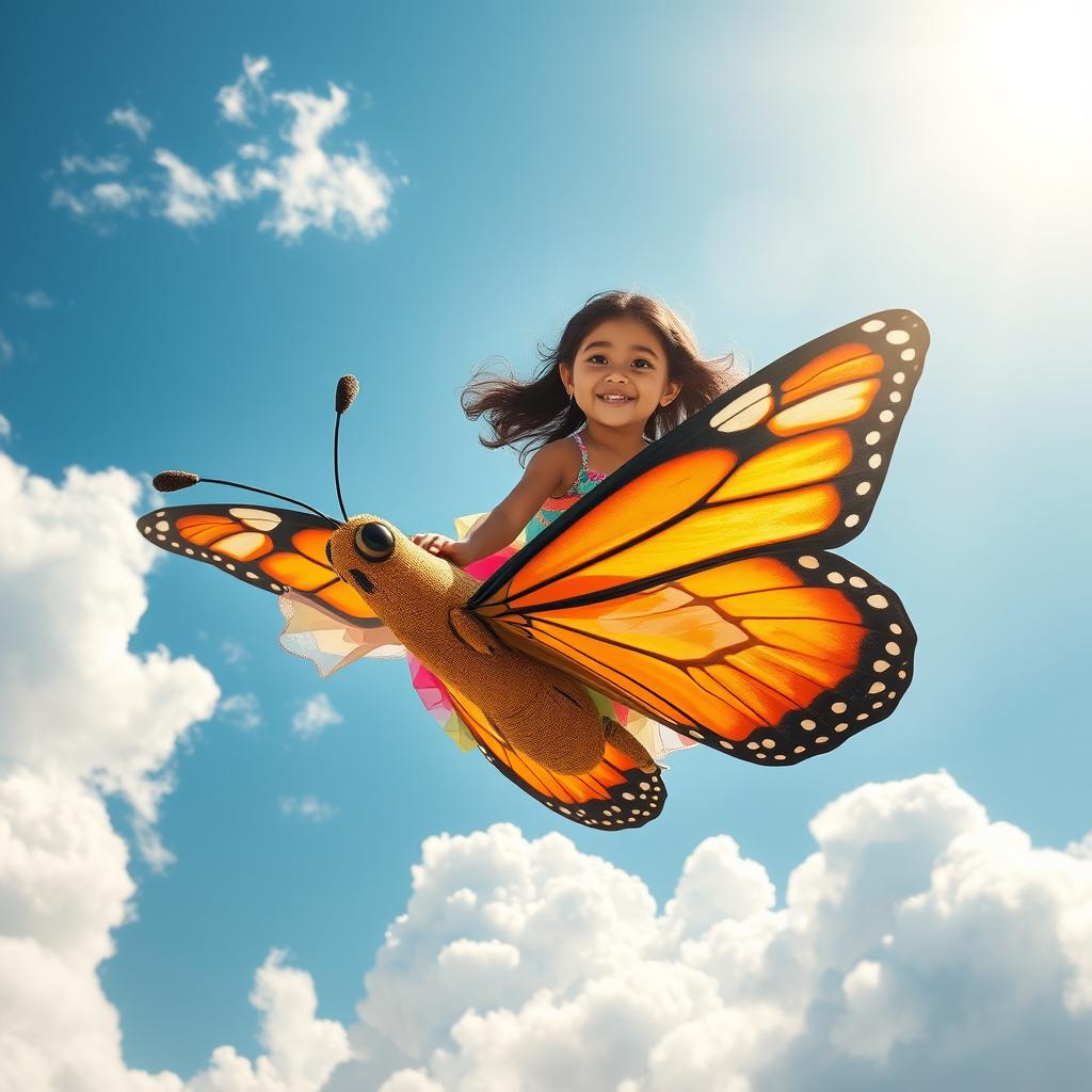 A beautiful girl named Sania joyfully riding a colorful butterfly soaring high in a blue sky filled with fluffy white clouds