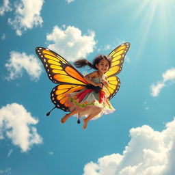 A beautiful girl named Sania joyfully riding a colorful butterfly soaring high in a blue sky filled with fluffy white clouds