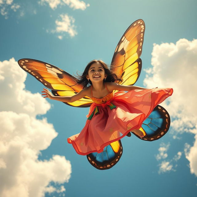 A beautiful girl named Sania joyfully riding a colorful butterfly soaring high in a blue sky filled with fluffy white clouds