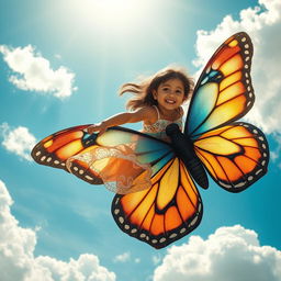 A beautiful girl named Sania joyfully riding a colorful butterfly soaring high in a blue sky filled with fluffy white clouds
