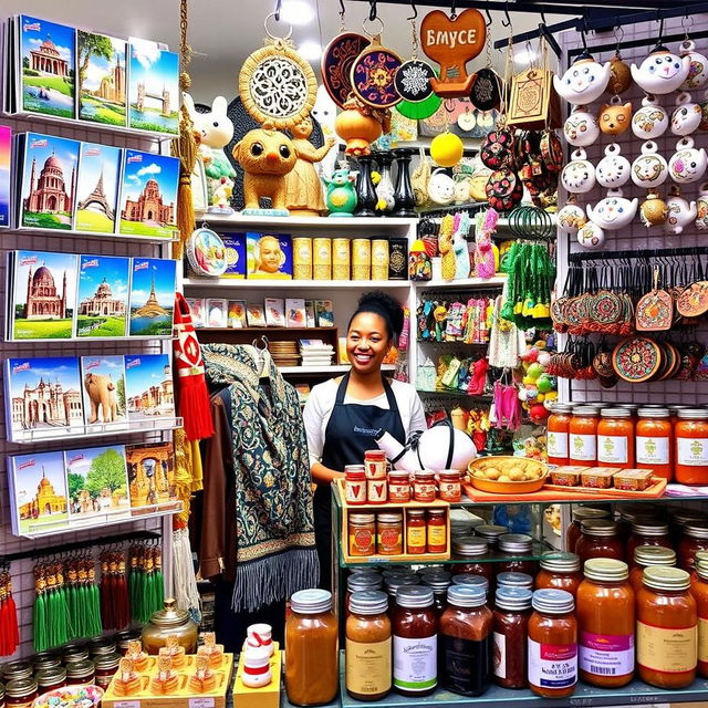 A vibrant souvenir shop display featuring a variety of creative souvenir ideas inspired by local culture