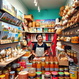 A vibrant souvenir shop display featuring a variety of creative souvenir ideas inspired by local culture