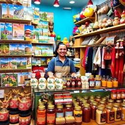 A vibrant souvenir shop display featuring a variety of creative souvenir ideas inspired by local culture