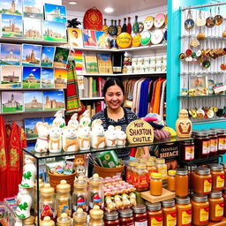 A vibrant souvenir shop display featuring a variety of creative souvenir ideas inspired by local culture
