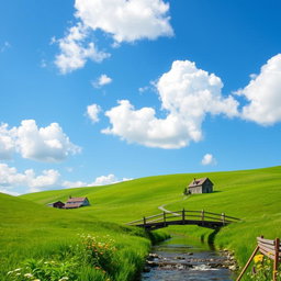 A serene and picturesque landscape featuring rolling green hills under a bright blue sky with fluffy white clouds