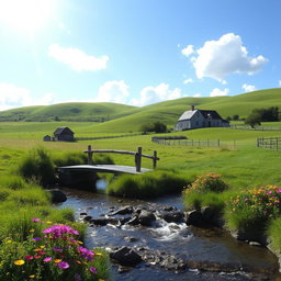 A serene and picturesque landscape featuring rolling green hills under a bright blue sky with fluffy white clouds