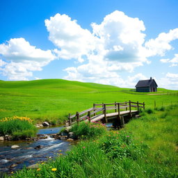A serene and picturesque landscape featuring rolling green hills under a bright blue sky with fluffy white clouds