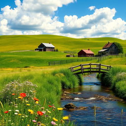 A serene and picturesque landscape featuring rolling green hills under a bright blue sky with fluffy white clouds