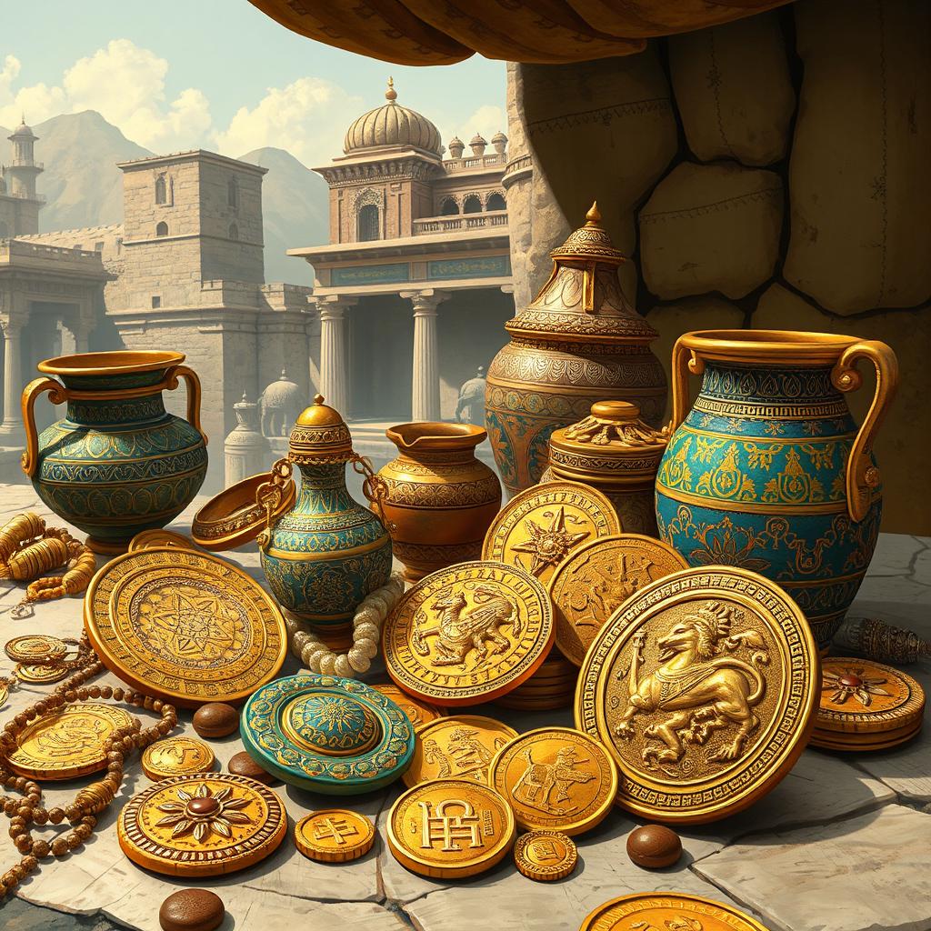 An artistic representation of artifacts from the Sasanian Empire, showcasing treasures like intricately designed gold coins, ornate jewelry, and beautifully crafted pottery
