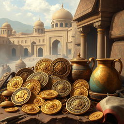 An artistic representation of artifacts from the Sasanian Empire, showcasing treasures like intricately designed gold coins, ornate jewelry, and beautifully crafted pottery