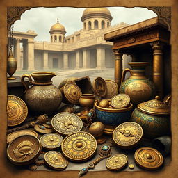 An artistic representation of artifacts from the Sasanian Empire, showcasing treasures like intricately designed gold coins, ornate jewelry, and beautifully crafted pottery
