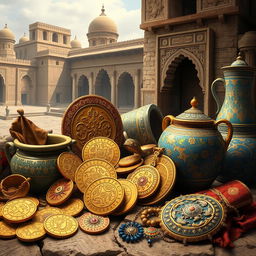 An artistic representation of artifacts from the Sasanian Empire, showcasing treasures like intricately designed gold coins, ornate jewelry, and beautifully crafted pottery