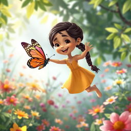 A whimsical scene featuring a girl named Sania happily interacting with a butterfly in mid-air