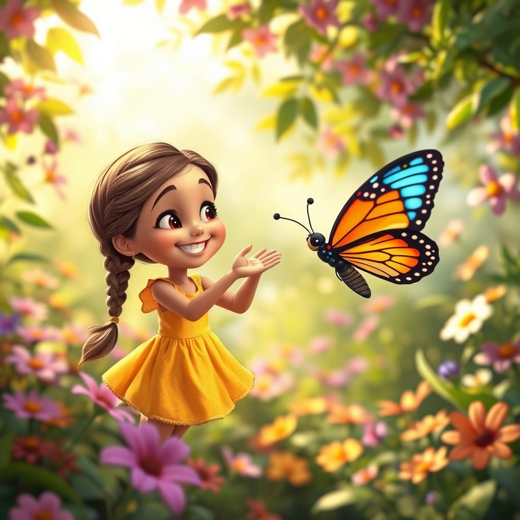 A whimsical scene featuring a girl named Sania happily interacting with a butterfly in mid-air