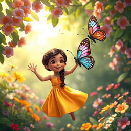 A whimsical scene featuring a girl named Sania happily interacting with a butterfly in mid-air