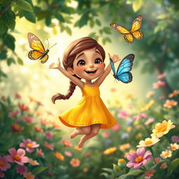 A whimsical scene featuring a girl named Sania happily interacting with a butterfly in mid-air
