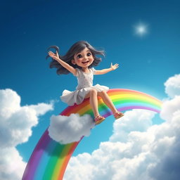 A fantastical scene featuring a real girl named Sania joyfully riding a vibrant rainbow