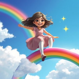 A fantastical scene featuring a real girl named Sania joyfully riding a vibrant rainbow
