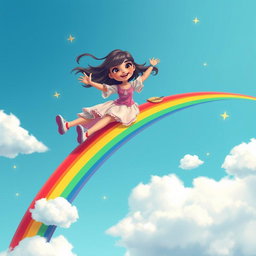 A fantastical scene featuring a real girl named Sania joyfully riding a vibrant rainbow