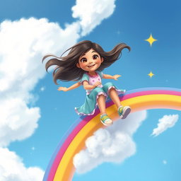 A fantastical scene featuring a real girl named Sania joyfully riding a vibrant rainbow