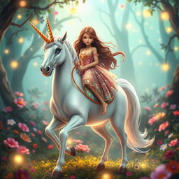 A fantastical scene featuring a human girl named Sania riding a majestic unicorn
