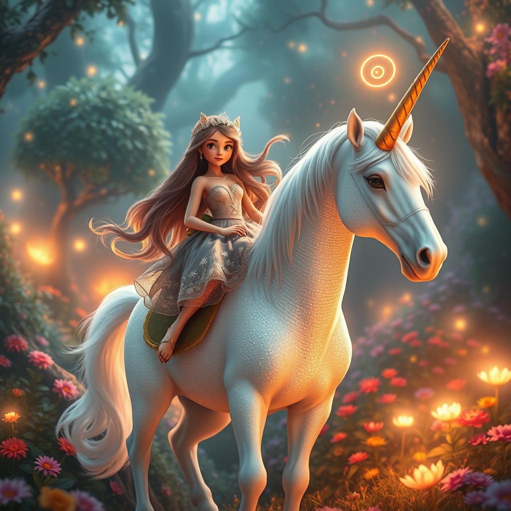 A fantastical scene featuring a human girl named Sania riding a majestic unicorn