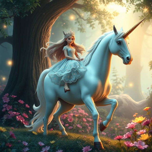 A fantastical scene featuring a human girl named Sania riding a majestic unicorn