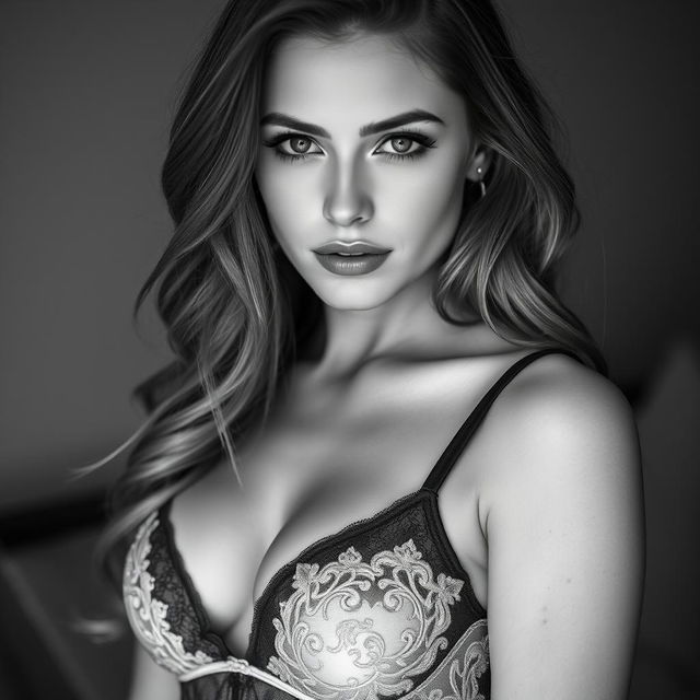 A highly realistic black and white photograph of a beautiful young woman modeling elegant lingerie