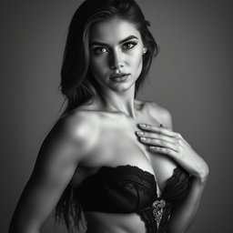 A portrait of a beautiful, sensual young woman wearing elegant lingerie, captured in striking black and white
