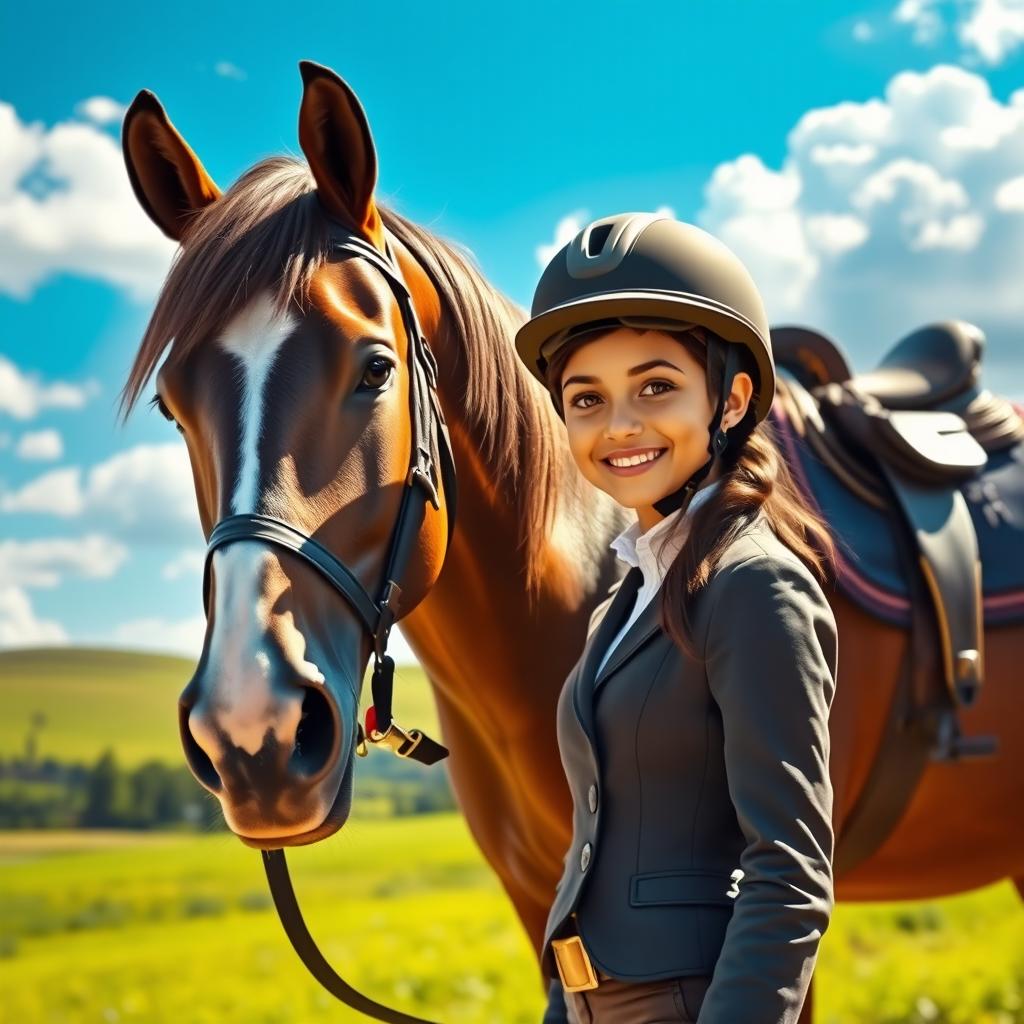 A beautiful girl named Sania, standing beside a stunning horse in a vibrant outdoor setting