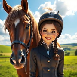 A beautiful girl named Sania, standing beside a stunning horse in a vibrant outdoor setting