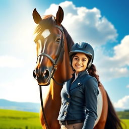 A beautiful girl named Sania, standing beside a stunning horse in a vibrant outdoor setting