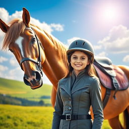 A beautiful girl named Sania, standing beside a stunning horse in a vibrant outdoor setting