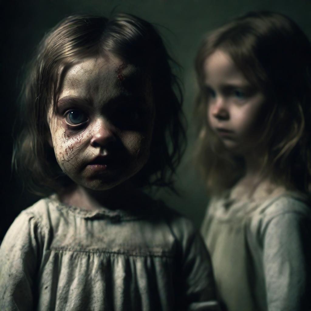 A spine-chilling scene of a demonic little girl with haunting features, casting an eerie presence over a terrified woman.