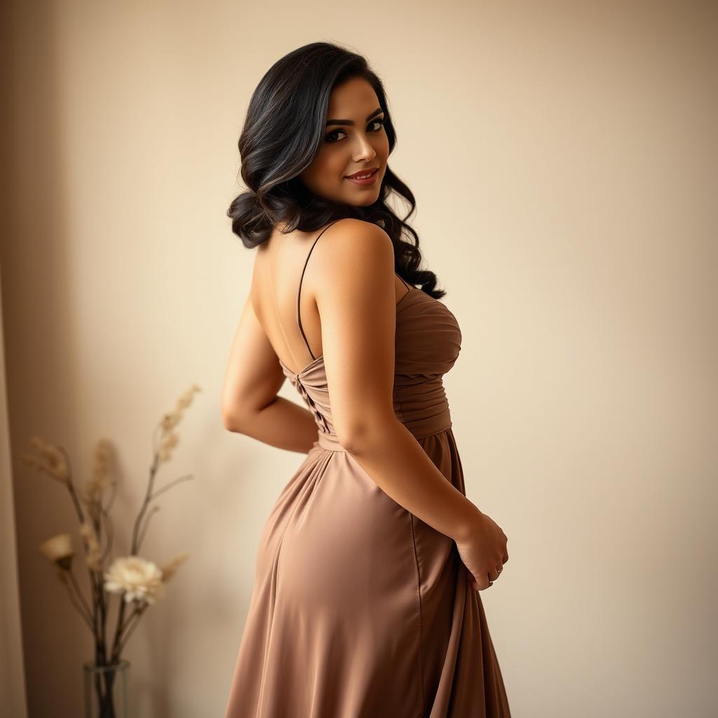 A stunning brunette curvy woman wearing an elegant evening dress, exuding confidence and charm