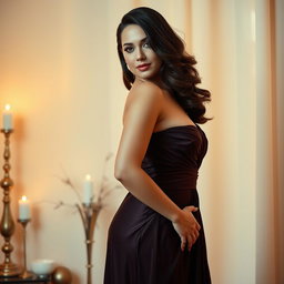 A stunning brunette curvy woman wearing an elegant evening dress, exuding confidence and charm