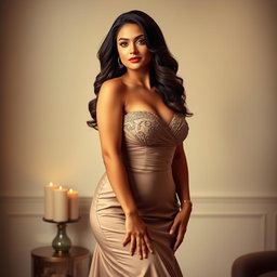 A stunning brunette curvy woman wearing an elegant evening dress, exuding confidence and charm