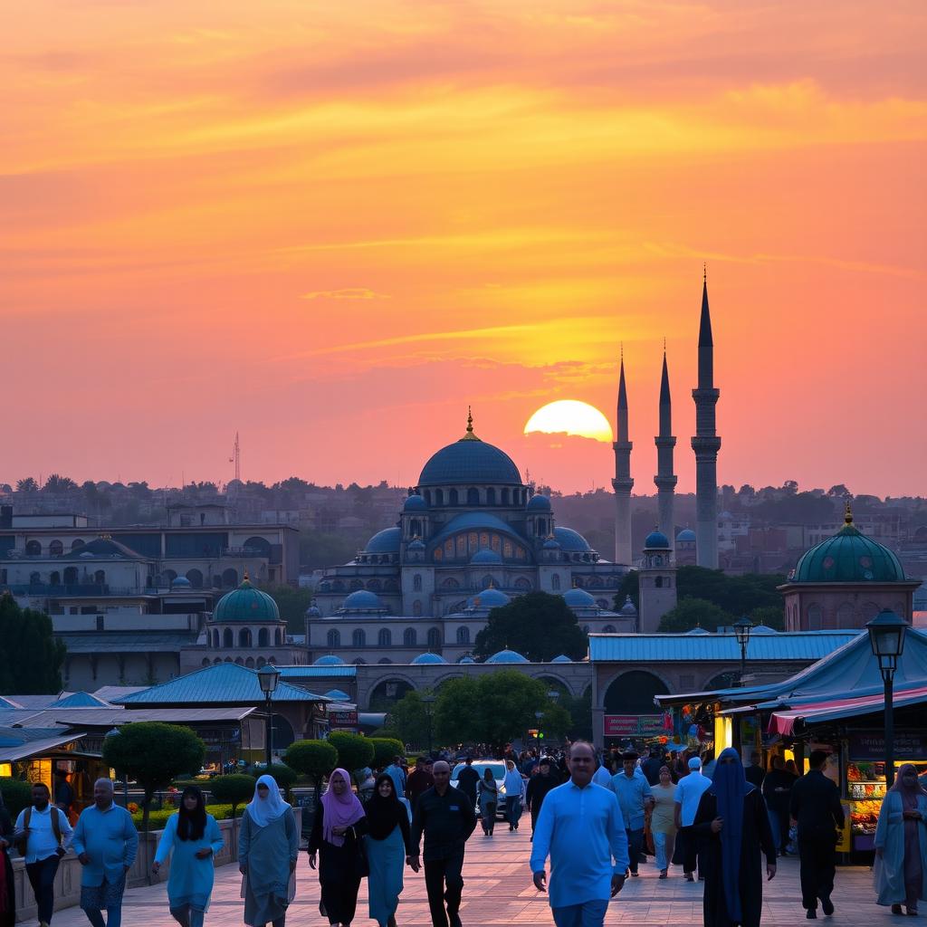 A serene and beautiful Islamic sunset over a bustling city, featuring stunning architecture such as mosques with intricate domes and minarets