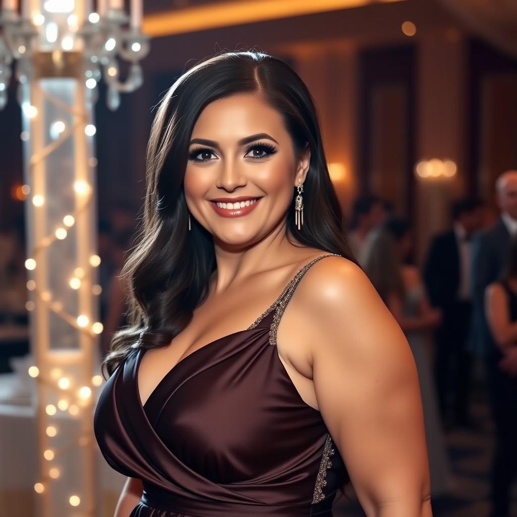 A brunette woman with a slightly fuller figure, dressed elegantly in a stylish evening dress