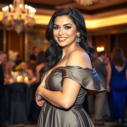 A brunette woman with a slightly fuller figure, dressed elegantly in a stylish evening dress