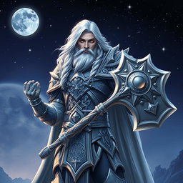 A majestic male Aasimar Twilight Cleric of Selune, standing tall and proud