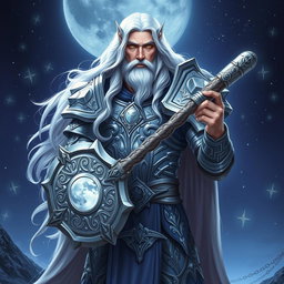 A majestic male Aasimar Twilight Cleric of Selune, standing tall and proud