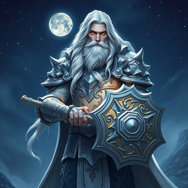 A majestic male Aasimar Twilight Cleric of Selune, standing tall and proud