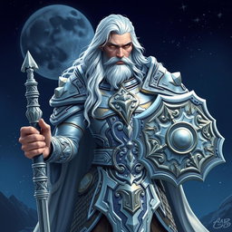 A majestic male Aasimar Twilight Cleric of Selune, standing tall and proud