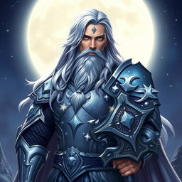 A majestic male Aasimar Twilight Cleric of Selune, standing confidently under a starry night sky