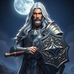 A majestic male Aasimar Twilight Cleric of Selune, standing confidently under a starry night sky